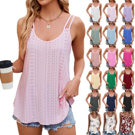 New Solid Color Jacquard Round Neck Women's Bottom And Inner Shoulder Strap Tank Top