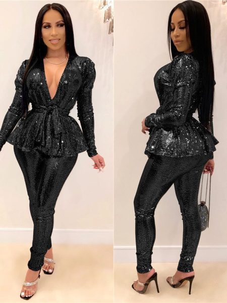 Women's Slim-fit Fashion Bronzing Long-sleeved Two-piece Suit