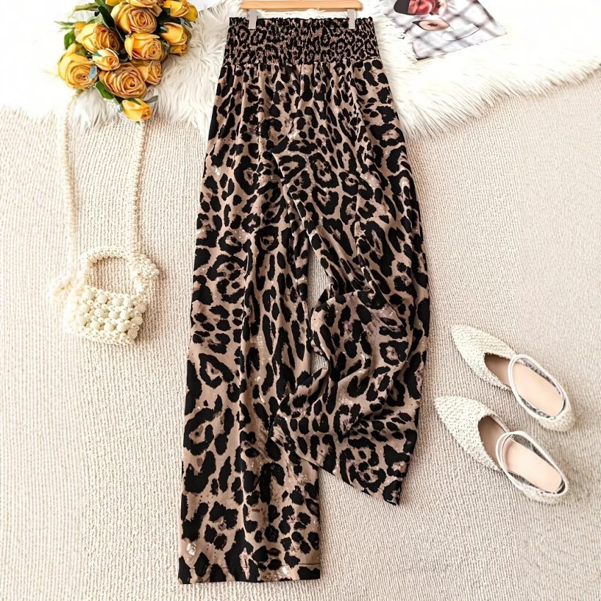 Leopard Print Floral Print Casual Jumpsuit Elastic Waist Loose Wide Leg Pants