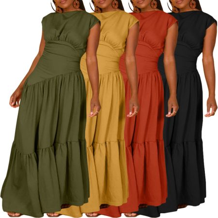 Solid Color Sleeveless Pleated Loose Big Hem Nylon Dress