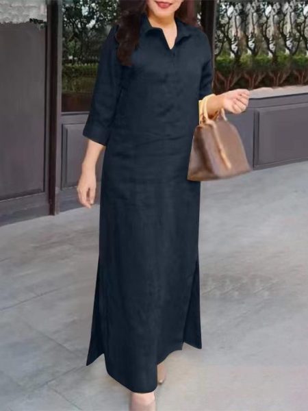 Solid Color Lapel Long Sleeve Simple Dress Women