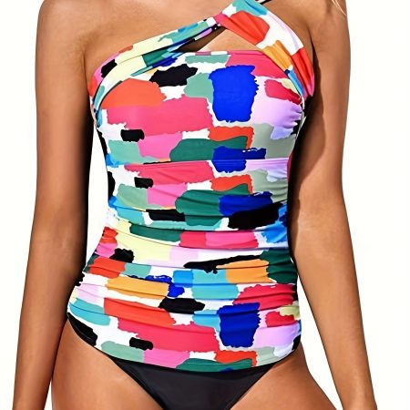 Women's Tankini Set, Random Print, Color-blocked One-shoulder Asymmetrical Two-piece, Vacation Style
