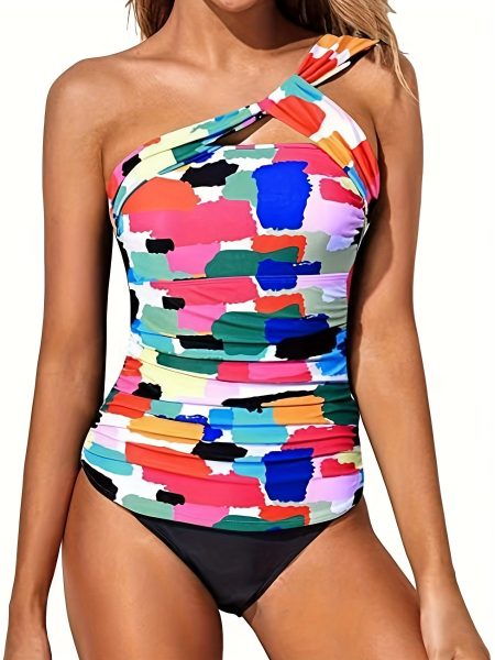 Women's Tankini Set, Random Print, Color-blocked One-shoulder Asymmetrical Two-piece, Vacation Style