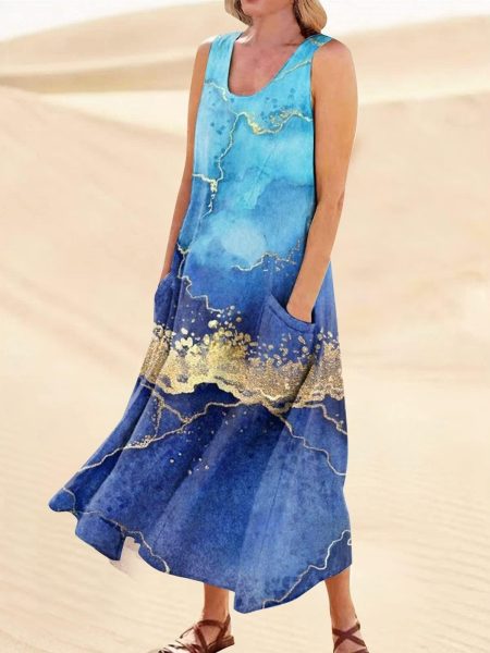 Women's Landscape Floral Maxi Dress Slim Fit Casual Skirt