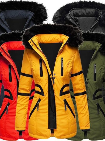 Contrasting color big fur collar cotton coat women