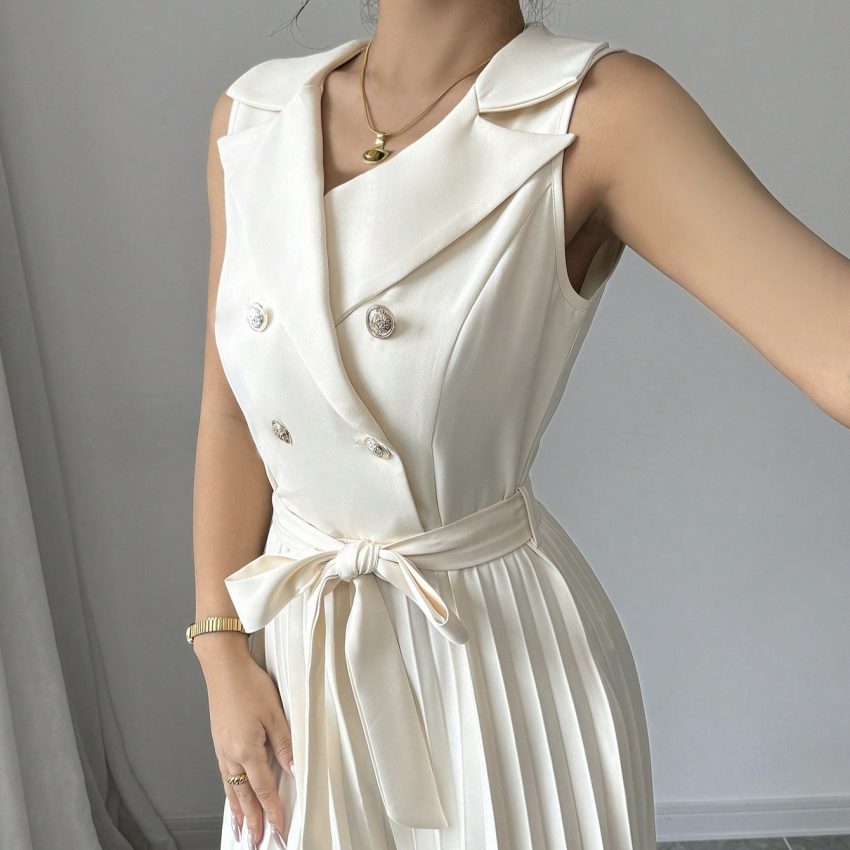 Ladies' V-neck Double Breasted Pleated Wide Leg Belt, Waist Belt, Height Enhancing Vest, Jumpsuit