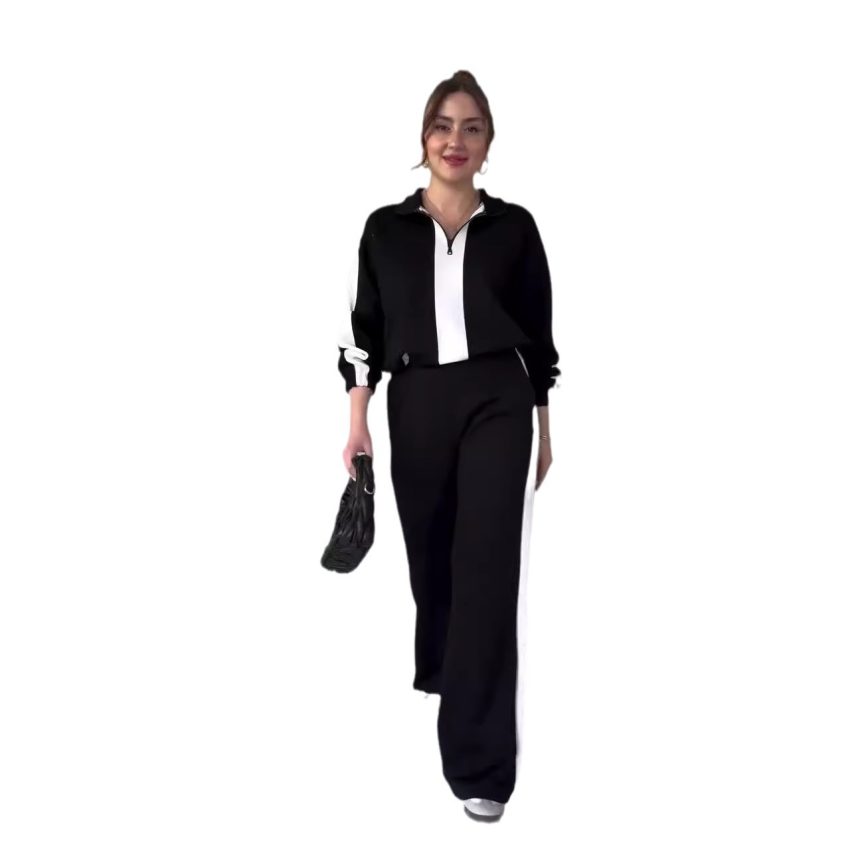 Women's Contrast Color Idle Style Casual Sweater Two-piece Set