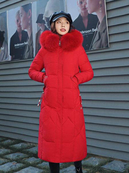 Long fur collar hooded coat