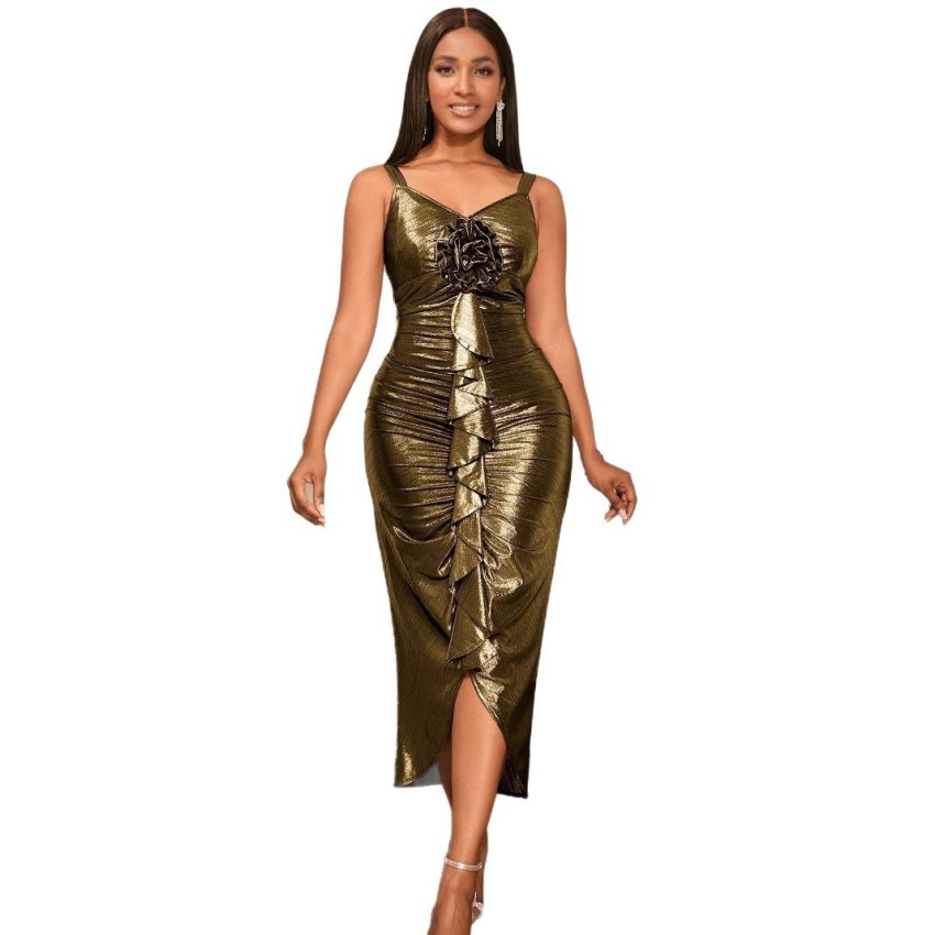Female Solid Color Summer Sling Golden Party Dress