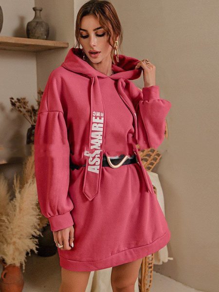 Letter Print Hip Hop Pullover Knit Hooded Sweater Dress