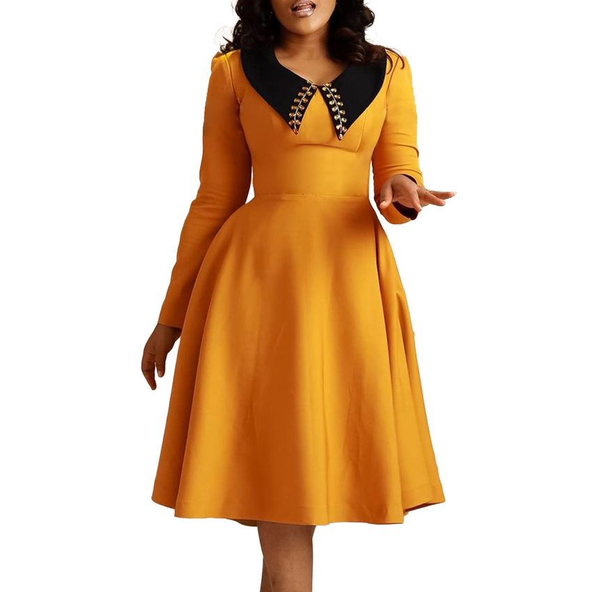 Long Sleeve Lapel Elegant Slimming Large Hem Dress