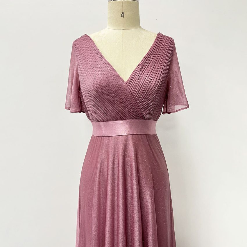 Elegant V-Neck Flared Sleeve Chiffon Maxi Dress For Women - Stretchy A-Line Party Evening Gown With Handmade Pleats