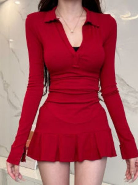 V-neck Fitted Waist Bottoming Shirt Top Women's High Waist Skirt Outfit