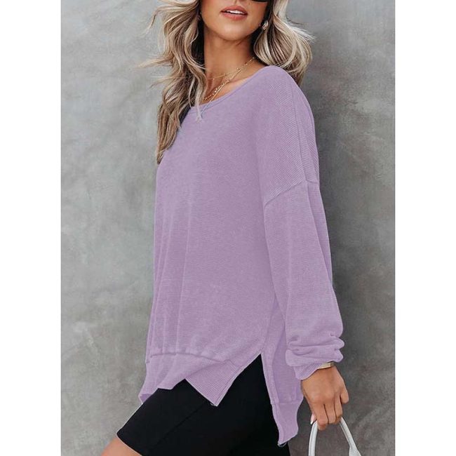Womens Waffle Knit Crewneck Sweatshirts Long Sleeve Side Slits Casual Pullover Sweatshirt Tops