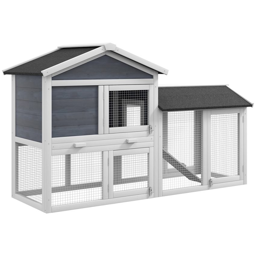 58inch Wooden Rabbit Hutch With Run, Removable Tray, Asphalt Roof, Lockable Doors And Ramp, Gray