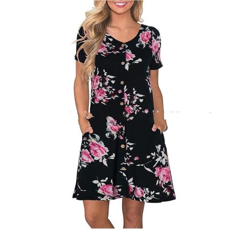 Women's Round Neck Short Sleeve Pocket Dress