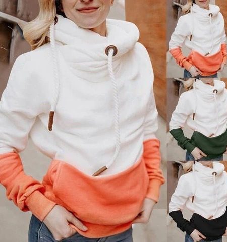 Color Matching Long Sleeve Hooded Drawstring Sweater Women's Wear