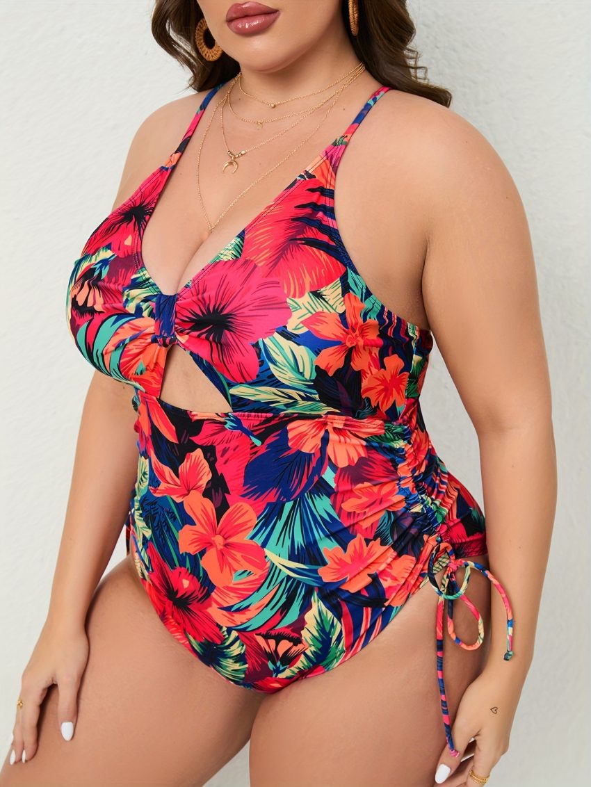 Women's Large-size One-piece Swimming Suit With Floral Print, One-piece Backless Sexy Drawstring Cross Swimwear