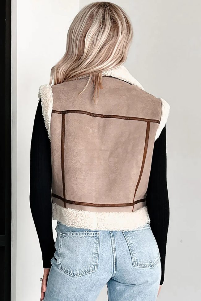 Dark Khaki Sherpa Lined Faux Suede Lapel Collar Vest