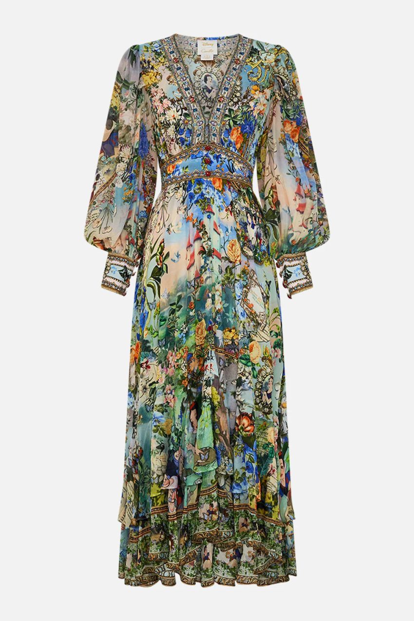 Printed V-neck Long-sleeved Bubble Sleeve Waist Women's Clothing Dress