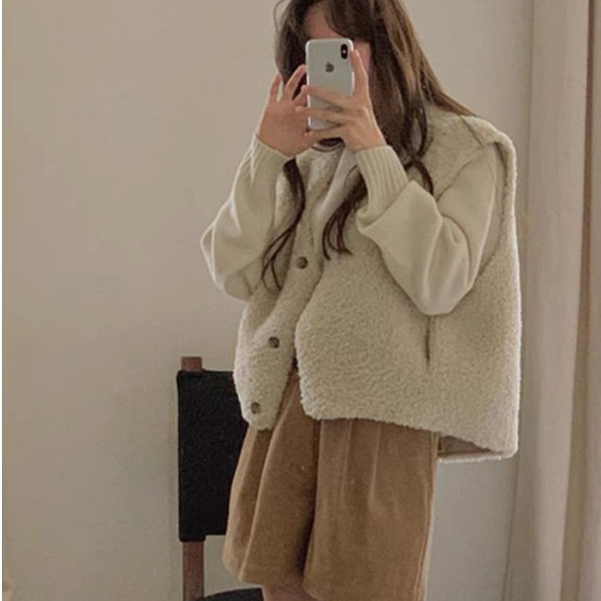 Retro Anti-aging Sleeveless Waistcoat Vest Lamb Wool Waistcoat Vest