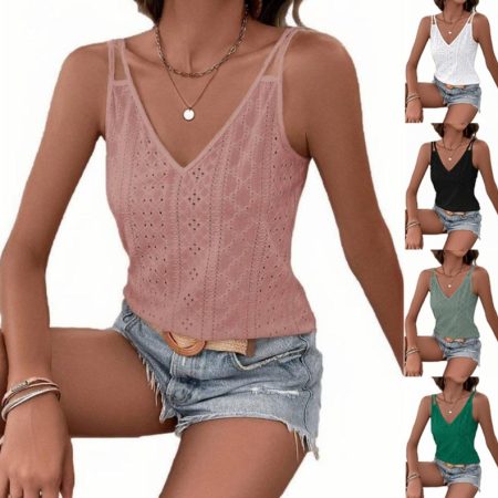 Jacquard V-neck Shoulder Spaghetti-strap Camisole Top