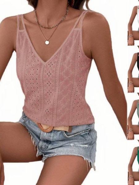 Jacquard V-neck Shoulder Spaghetti-strap Camisole Top
