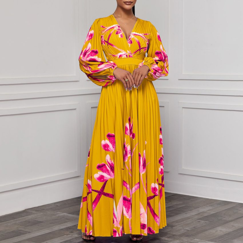 V-neck Slimming Long Sleeves Printed Pleated Dress