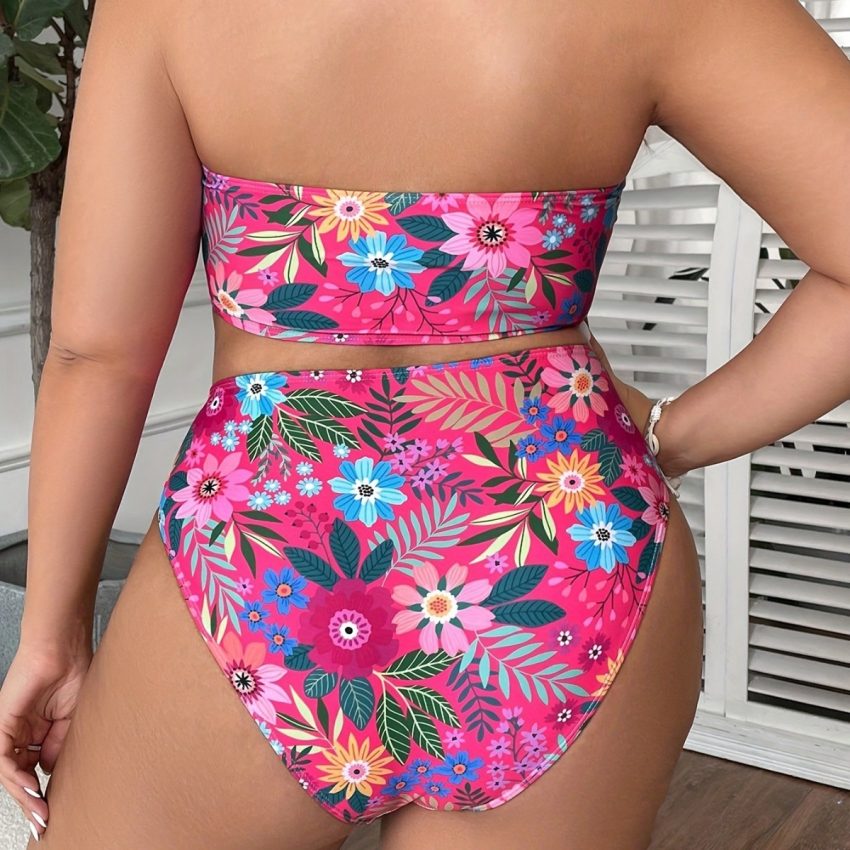 Plus Size Printed Split Tube Top Bikini Swimsuit