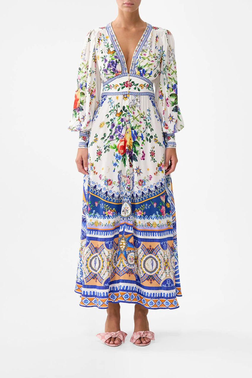 Printed V-neck Long-sleeved Bubble Sleeve Waist Women's Clothing Dress