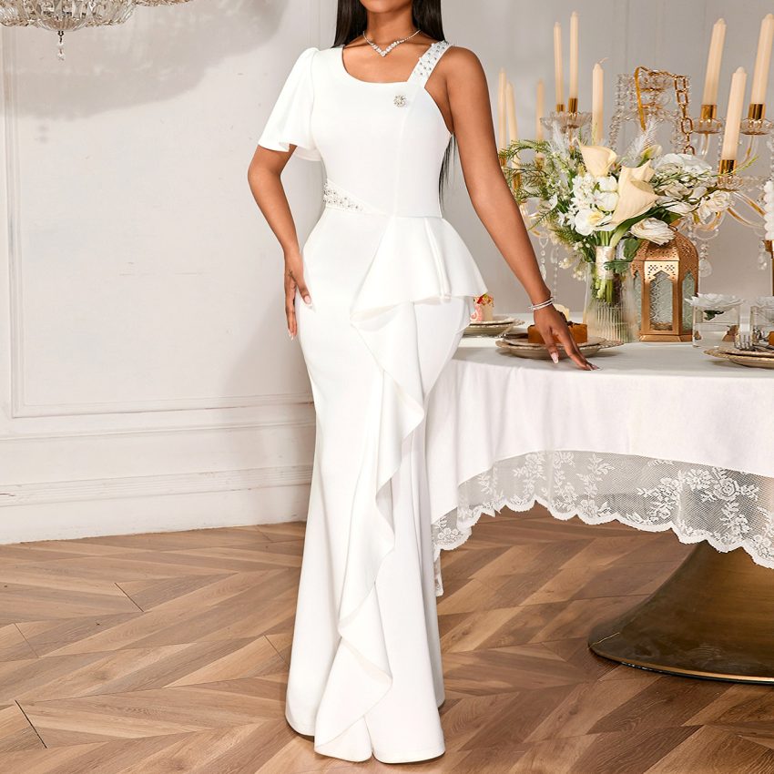 Unique One-shoulder Beaded Sling Party Dress