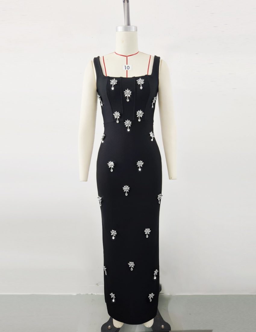 Sleeveless Square Collar Diamond Bandage One-piece Dress