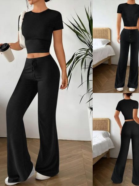 High Waist Pure Color Trousers Short Sleeve T-shirt Suit