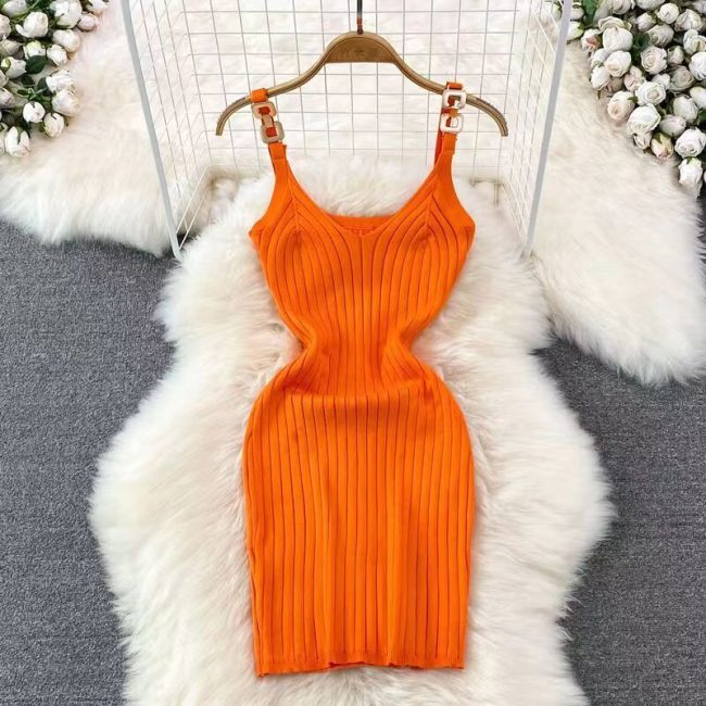 Metal Decorative Sling Woolen Skirt Slimming Hip Knitwear Dress