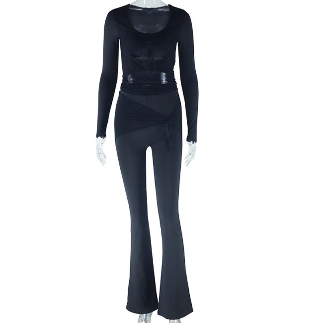 Women's Solid Color Casual Mesh Stitching Long Sleeves Top And Trousers Suit