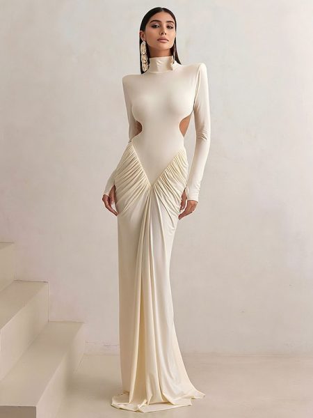 Long Sleeve High Collar Temperament Slim Fit Pleated Backless Dress