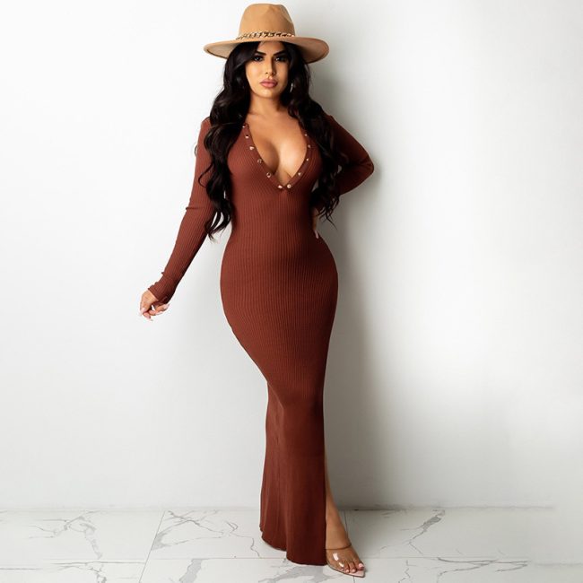 Lapel Backless Long Sleeves Slit Midi Skirt