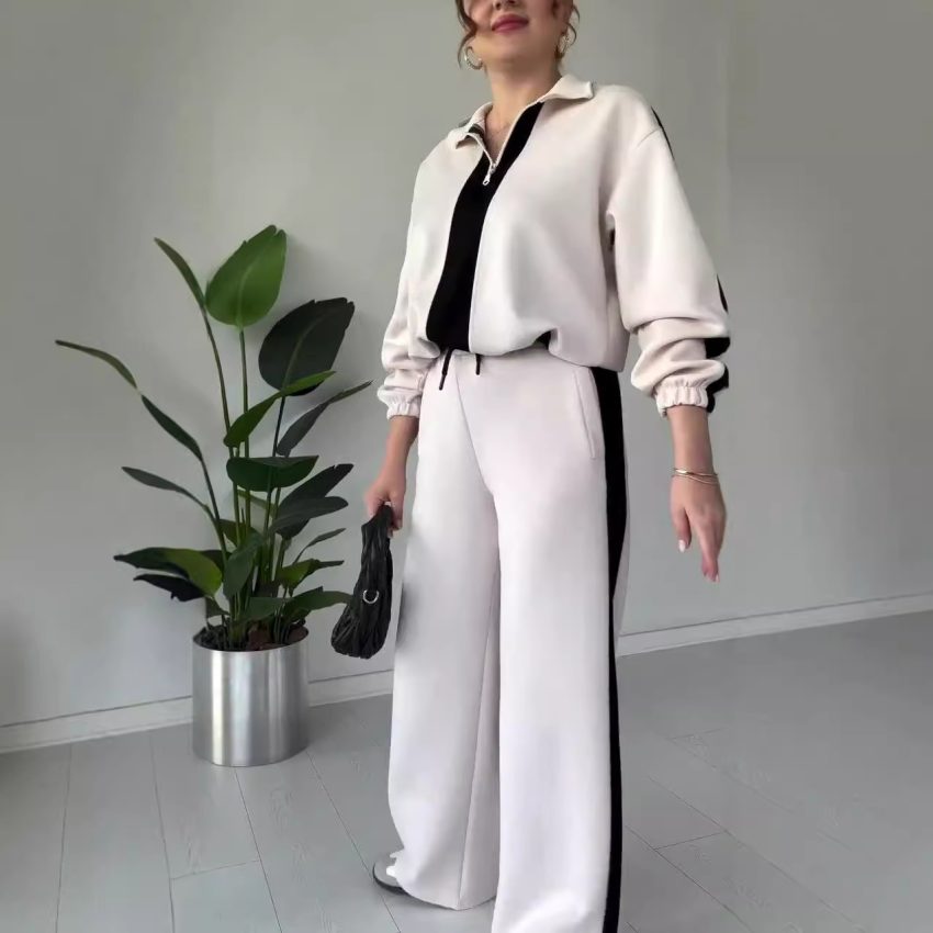 Women's Contrast Color Idle Style Casual Sweater Two-piece Set