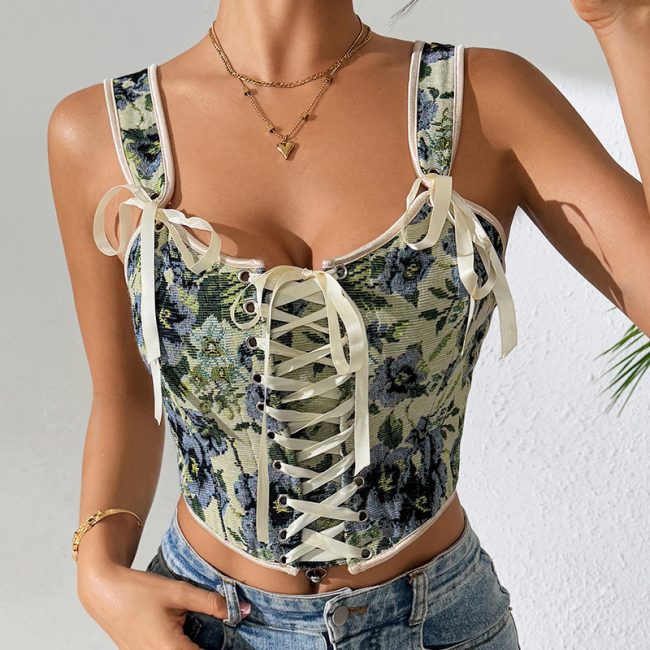 French Retro Printed Lace Up Corset Sexy Vest