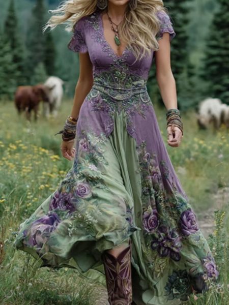 Women's Loose All-match Creative Pattern Totem Deep V Short Sleeve Dress