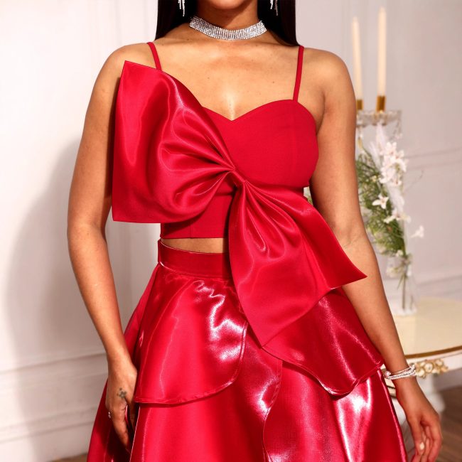Bow Sexy Camisole Irregular Skirt Suit
