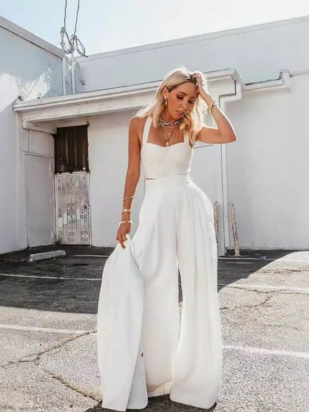 Sexy Spaghetti Straps Chest Wrap Vest Casual Loose Trousers Two-piece Set