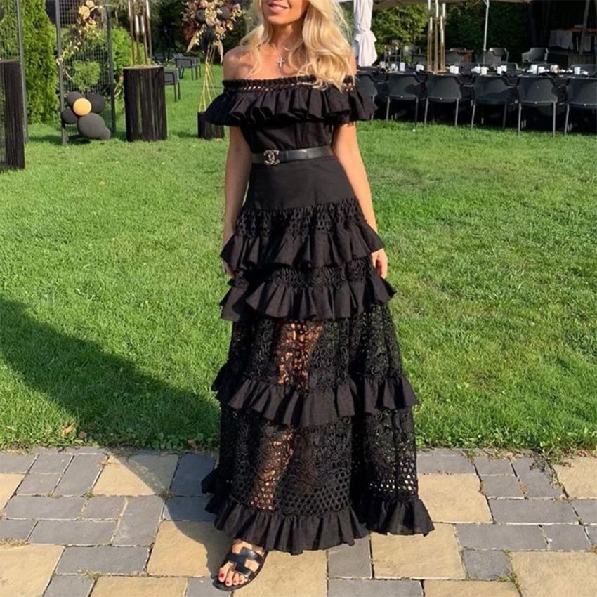 Women's Off-shoulder Ruffled Hollow Wide Hem Lace Dress
