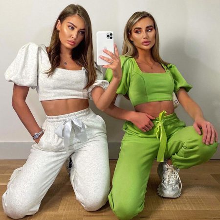 Women's Lantern Sleeve Square Neck T-shirt High Waist Pants Pants Casual Suit