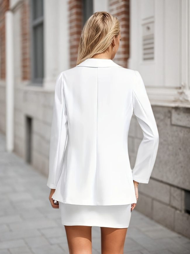 New Pure White Long Sleeved Skirt Set, Lapel Suit Jacket&solid Color Skirt, Double Breasted Closure, Comfortable And Casual, Noble And Elegant