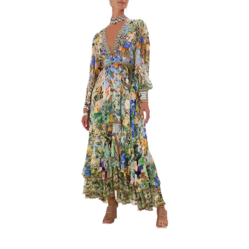 Printed V-neck Long-sleeved Bubble Sleeve Waist Women's Clothing Dress