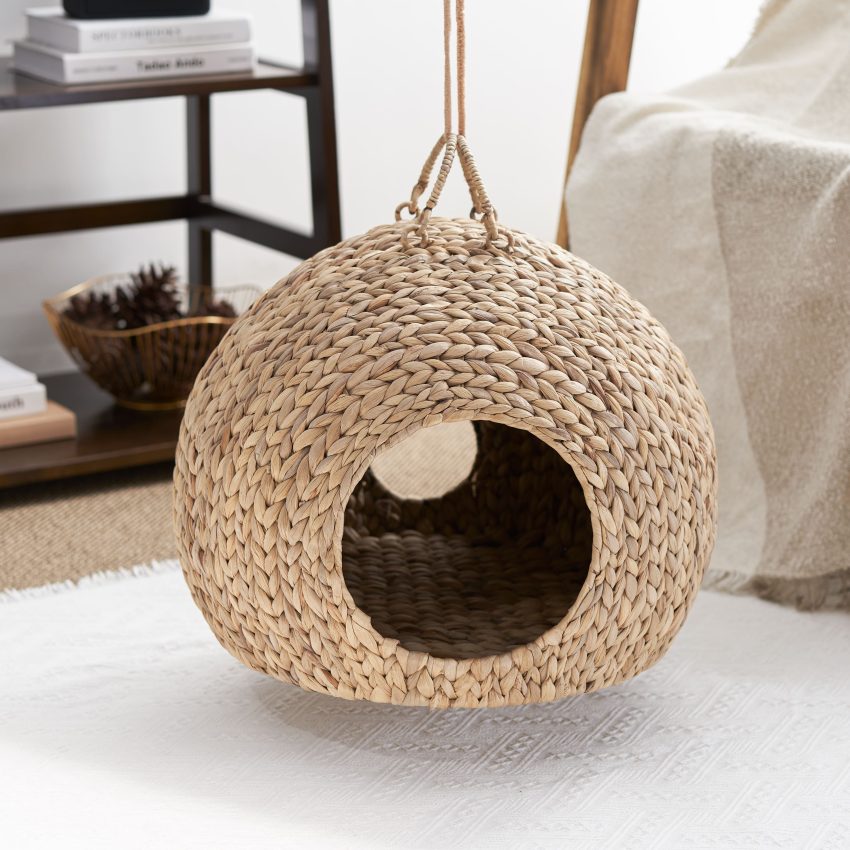 Water Hyacinth Woven Wicker Round Cat Bed Cave With Handles