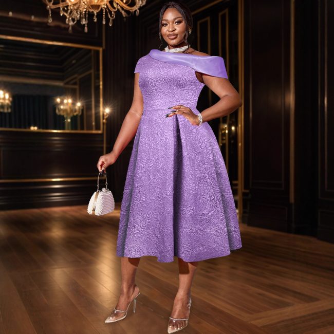 Jacquard Party Banquet Diagonal Collar Large Skirt A- Line Dress