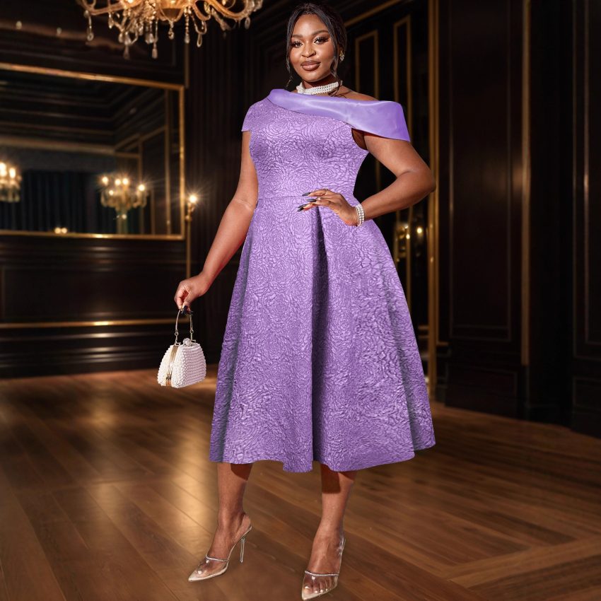 Jacquard Party Banquet Diagonal Collar Large Skirt A- Line Dress