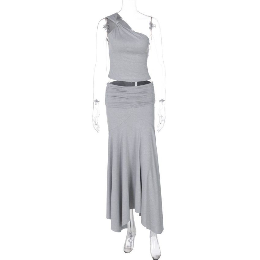 Ins Style Women's Solid Color Sleeveless Vest High Waist Skirt Two-piece Set